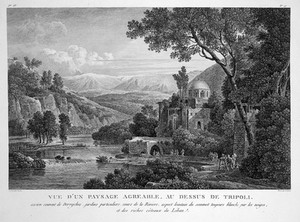 view Tripoli, Lebanon: a monastery by a river in the countryside near the city of Tripoli. Engraving by F. Godefroy after L.F. Cassas.