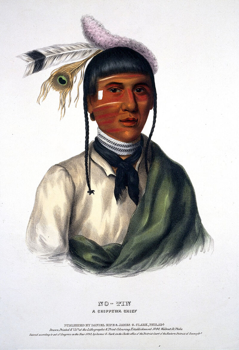 No-tin, a chief of the Ojibwa tribe, with facial tattoes and wearing a feather headdress. Coloured lithograph by Lithographic & Print Colouring Establishment after C. B. King, 1842., 1842, by Charles Bird King