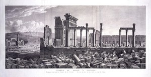 view Palmyra, Syria: the temple of Bel (temple of the sun) viewed from one side. Engraving by J.B. Liénard after L.F. Cassas.