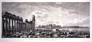 view Palmyra, Syria: the colonnade, with the temple of Bel (temple of the sun) in the background. Engraving by G. Malbeste and R. Daudet the younger after L.F. Cassas.