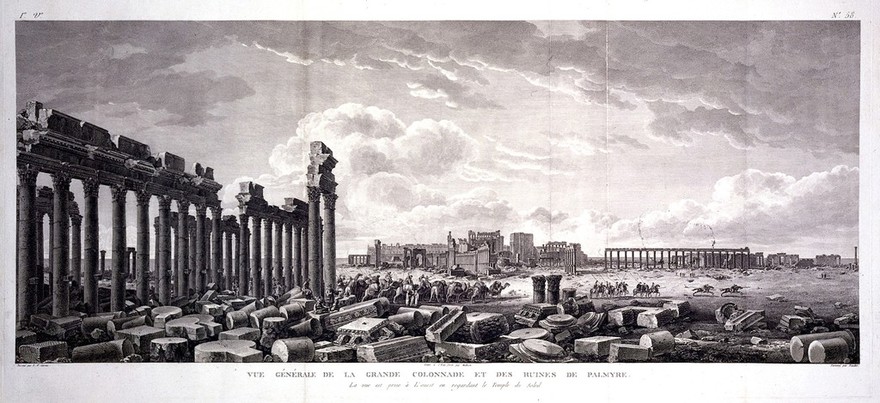 Palmyra, Syria: the colonnade, with the temple of Bel (temple of the sun) in the background. Engraving by G. Malbeste and R. Daudet the younger after L.F. Cassas.