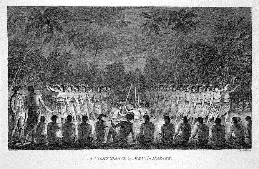 Men dancing in front of Captain Cook and members of his crew, on the island of Lifuka (Tonga). Engraving by W. Sharp, 1784, after J. Webber, ca. 1782.