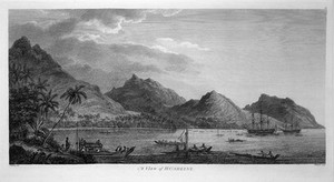 view The island of Huahine, with Captain Cook's ships and local boats in the bay. Engraving by W. Byrne, 1784, after J. Webber.