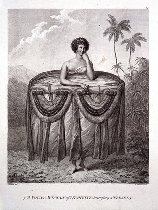 A young woman in Tahiti, wearing a large skirt. Engraving by F. Bartolozzi, 1784, after J. Webber.