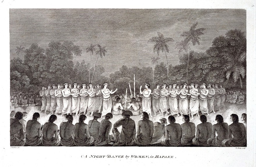 Women dancing in front of Captain Cook and members of his crew, on the island of Lifuka (Tonga). Engraving by W. Sharp, 1774, after J. Webber, ca. 1782.