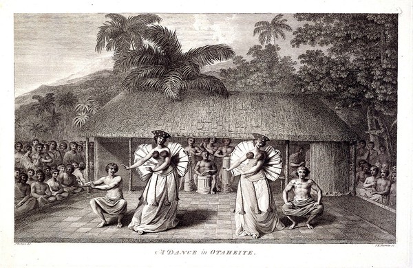 Young men and women in Tahiti, dancing. Engraving by J.K. Sherwin, 1784, after J. Webber.