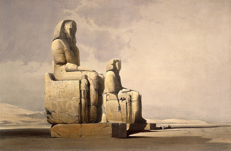 Colossal statues of Memnon (Pharaoh Amenhotep III), Thebes, Egypt. Coloured lithograph by Louis Haghe after David Roberts, 1849.