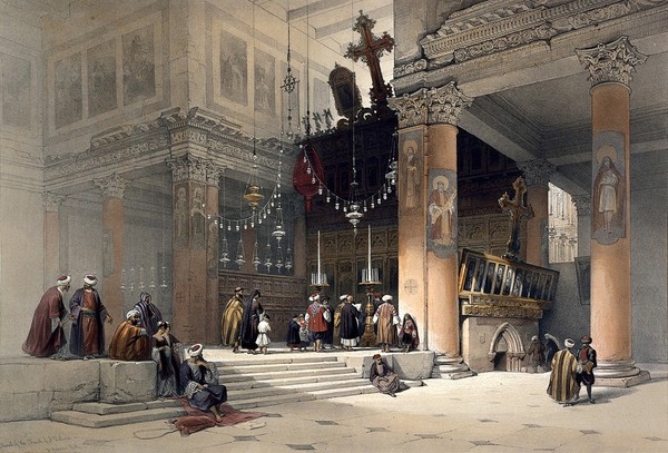 Church of the Nativity, Bethlehem: interior. Coloured lithograph by Louis Haghe after David Roberts, 1849.