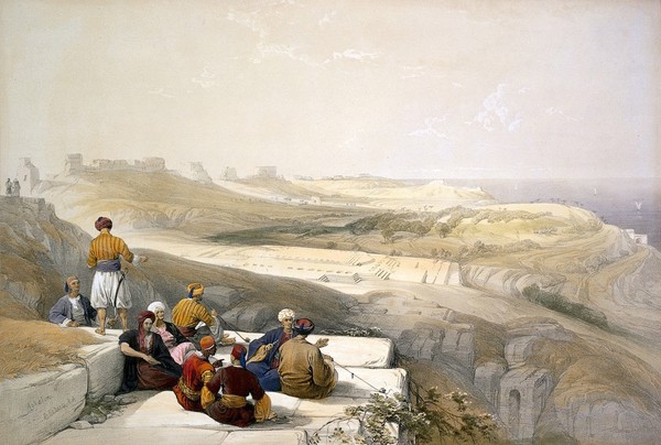 Men sitting to smoke with a panoramic view of the coast by Ashkelon, Israel. Coloured lithograph by L. Haghe, c. 1843, after D. Roberts.