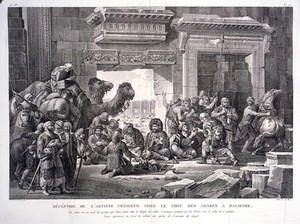 view Palmyra, Syria: Louis-François Cassas, received by an Arab chief in the temple of Bel, offers him bottles of liquids and pistols. Engraving by S.C. Miger after L.F. Cassas.