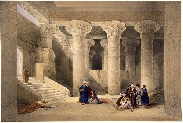 Interior of the temple of Esna, Egypt. Coloured lithograph by Louis Haghe after David Roberts, 1849.