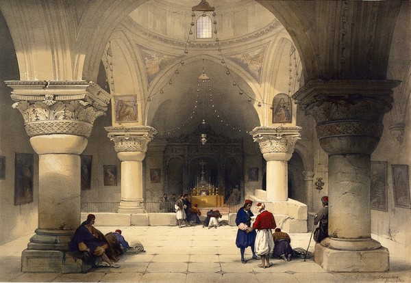 Church of the Holy Sepulchre, Jerusalem: the crypt. Coloured lithograph by Louis Haghe after David Roberts, 1849.