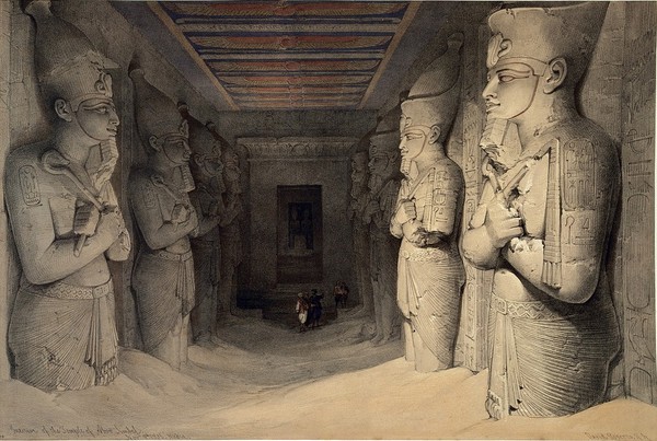 Statues inside the temple of Abu Simbel, Egypt. Coloured lithograph by Louis Haghe after David Roberts, 1849.