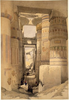 The temple at Karnac, Thebes, Egypt. Coloured lithograph by Louis Haghe, 1849, after David Roberts, 1838.