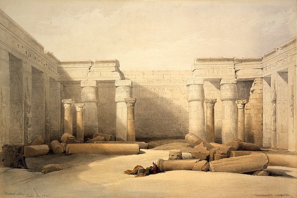 Ruins at Medinet Habu, Thebes, Egypt. Coloured lithograph by Louis Haghe after David Roberts, 1847.