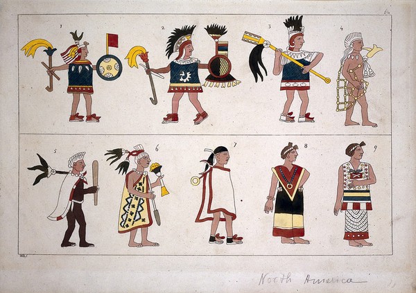 Mexico: nine Aztec figures including one (no. 6) identified as King Montezuma. Coloured aquatint by D. Klemi-Bonatti, ca. 1820.