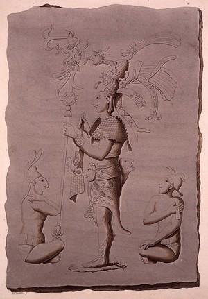 view Mexico: a pre-Hispanic bas-relief from Oaxaca, showing a warrior. Coloured aquatint by D. Klemi-Bonatti, ca. 1820.