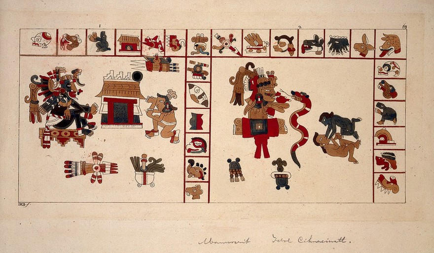 Mexico: a sheet of an Aztec document showing a serpent with other divinatory figures. Coloured aquatint by D. Klemi-Bonatti, ca. 1820.