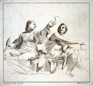 view Personifications of prudence and justice. Etching by S. Mulinari after G.F. Barbieri, il Guercino.