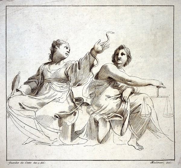 Personifications of prudence and justice. Etching by S. Mulinari after G.F. Barbieri, il Guercino.