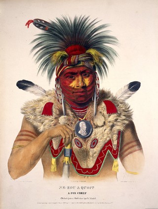 Nesouaquoit (Bear in the Forks of a Tree), a chief of the Fox tribe, wearing a bearskin cloak. Coloured lithograph by Lehman & Duval after J. Newsam after C. B. King, 1837.