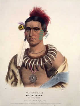 Ma-hos-kah (White Cloud), a chief of the Iowa tribe, with facial tattooes and a bear's claw necklace. Coloured lithograph by Lehman & Duval after C. B. King, 1837.