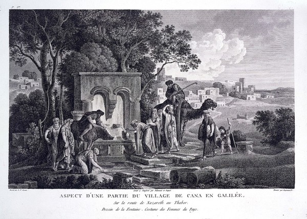 Cana of Galilee, Israel: an ancient water fountain in use. Engraving by V. Pillement, J.L.C. Pauquet and F.N.B. Dequevauviller after L.F. Cassas.