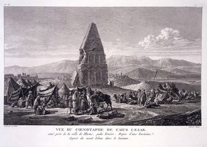 view Homs, Syria: a monument identified as the cenotaph of Gaius Caesar, with a caravan resting. Engraving by P.C. Baquoy after L.F. Cassas.