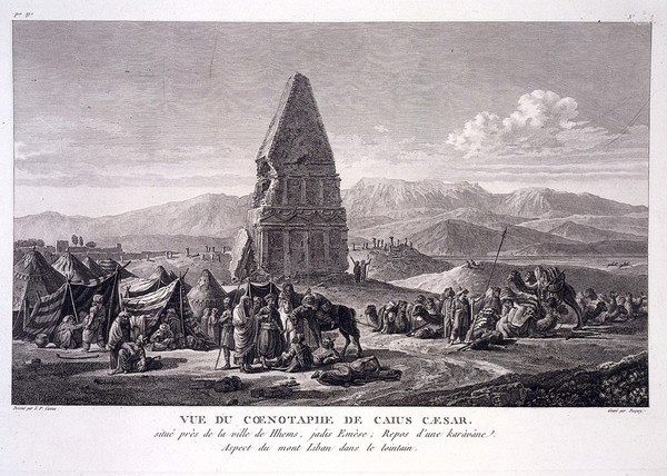 Homs, Syria: a monument identified as the cenotaph of Gaius Caesar, with a caravan resting. Engraving by P.C. Baquoy after L.F. Cassas.