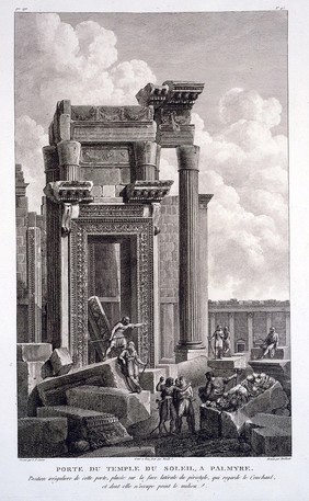 Palmyra, Syria: west door of the temple of Bel (temple of the sun). Engraving by J.B. Reville and P.G. Berthault after L.F. Cassas.