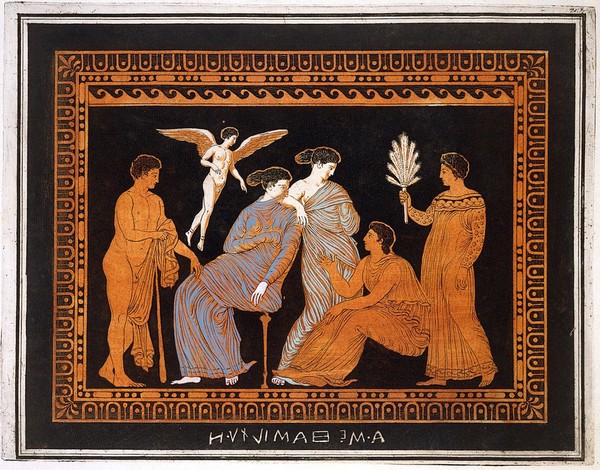 A vase-painting: a man and a winged genius approach two seated women and two standing women. Coloured engraving, 17--.