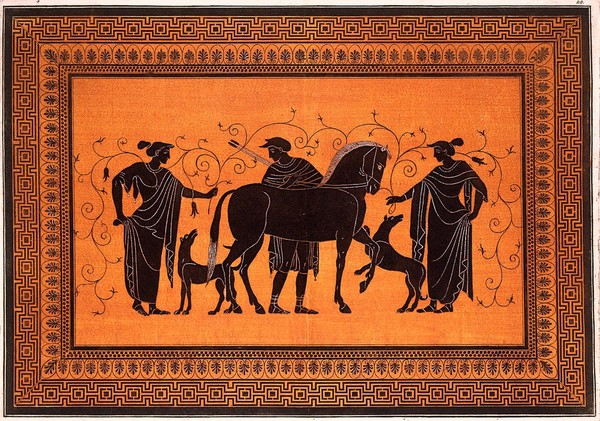 A vase-painting: a man with a horse, two hounds and two women. Coloured engraving, 17--.