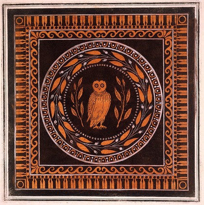 A vase-painting: an owl. Coloured engraving.