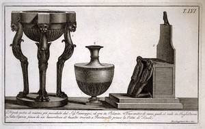 view A tripod, a copper vase and an Egyptian-style chair. Etching by L. Roccheggiani, ca. 1811.