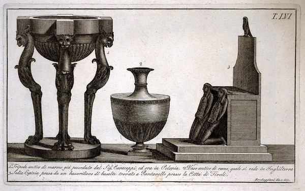 A tripod, a copper vase and an Egyptian-style chair. Etching by L. Roccheggiani, ca. 1811.