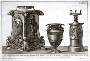 view A Roman altar, a Greek metal vase and an Etruscan altar. Etching by L. Roccheggiani, ca. 1811.