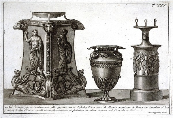 A Roman altar, a Greek metal vase and an Etruscan altar. Etching by L. Roccheggiani, ca. 1811.