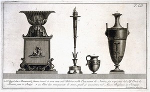 view A bowl on a base, a torch on a stand, a metal vase, and a vase with the caduceus on its side. Etching by L. Roccheggiani, ca. 1811.