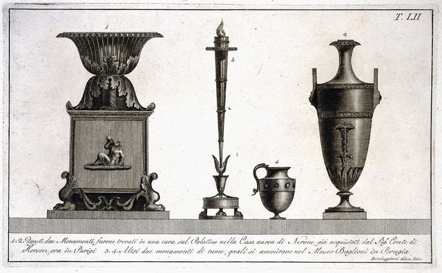 A bowl on a base, a torch on a stand, a metal vase, and a vase with the caduceus on its side. Etching by L. Roccheggiani, ca. 1811.