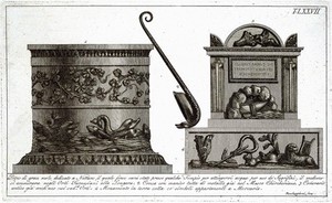 view A well head carved with fish motifs, a metal ladle with a snake-handle, a funerary urn, and a terracotta relief of the caduceus and other objects. Etching by L. Roccheggiani, ca. 1811.