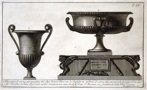 view A marble vase, and a marble tazza standing on a sepulchral chest. Etching by L. Roccheggiani, ca. 1811.