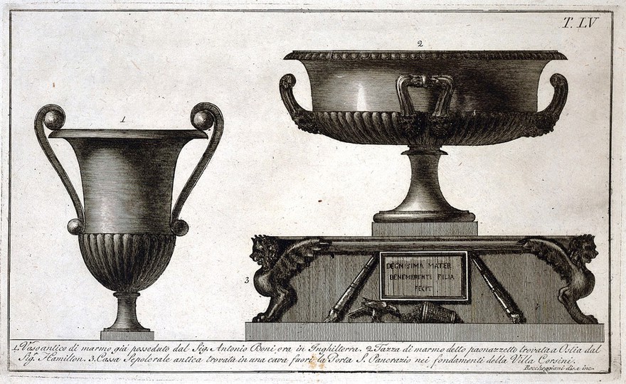 A marble vase, and a marble tazza standing on a sepulchral chest. Etching by L. Roccheggiani, ca. 1811.