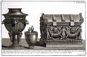 view A sepulchral chest with cover, a Greek metal cup, and a vase supported by goats' and rams' heads. Etching by L. Roccheggiani, ca. 1811.