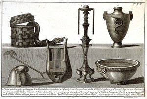 view Seven ancient utensils reconstructed from bas-reliefs etc. Etching by L. Roccheggiani, ca. 1811.