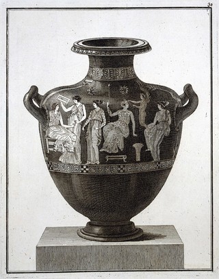 A water-pot (hydria), painted with women at their toilet, with Eros. Engraving, 17--.