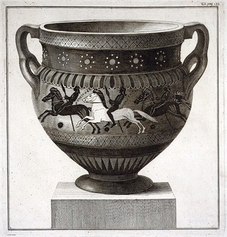 A krater painted with episodes in a boar hunt. Engraving, 17--.