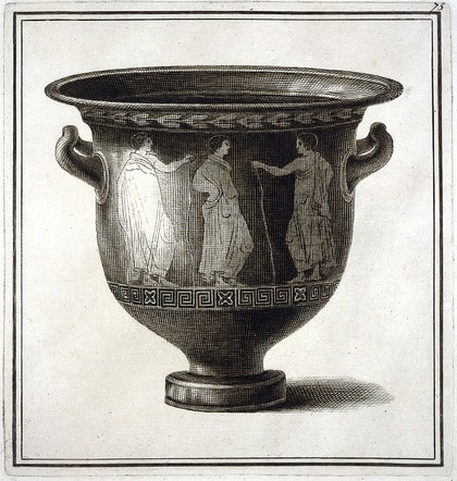 A vase (bell-krater) painted with three young man wearing robes, two of them holding staffs. Engraving, 17--.