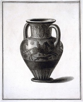 A vase (neck-amphora) painted with a man riding on a galloping horse with a hound. Engraving, 17--.