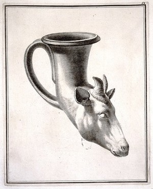 view A drinking-horn (rhyton) in the form of the head of a deer. Engraving, 17--.