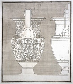 The Hamilton vase: a wine-mixing bowl (krater) painted with a monument in which are a man with a horse, and with other figures; outline drawings from side with measurements. Engraving, 17--.